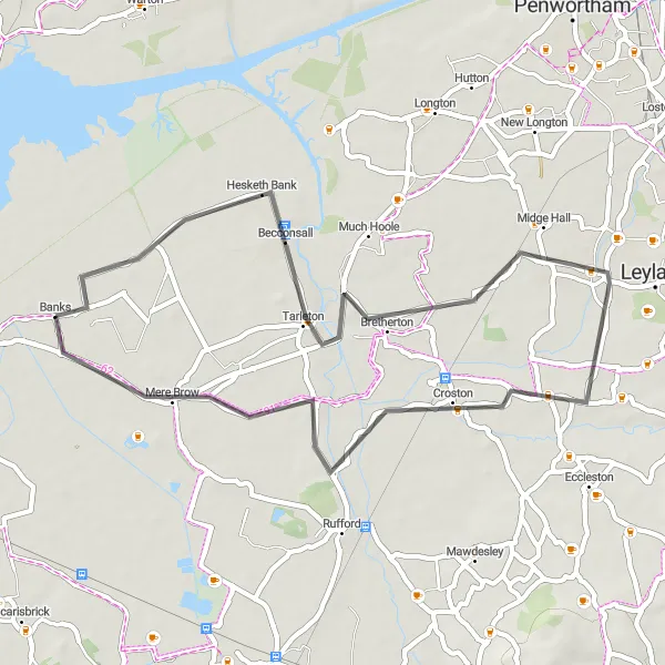 Map miniature of "The Countryside Retreat" cycling inspiration in Lancashire, United Kingdom. Generated by Tarmacs.app cycling route planner