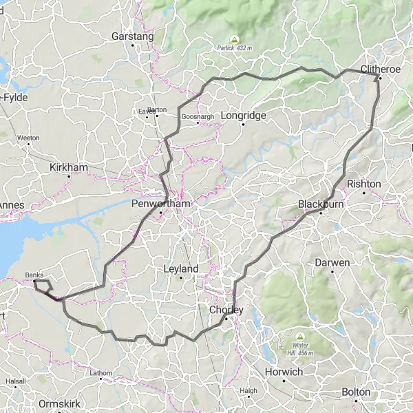 Map miniature of "The Coastal Loop" cycling inspiration in Lancashire, United Kingdom. Generated by Tarmacs.app cycling route planner