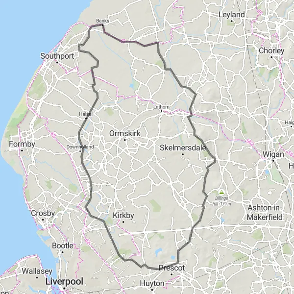 Map miniature of "The Hilltop Adventure" cycling inspiration in Lancashire, United Kingdom. Generated by Tarmacs.app cycling route planner