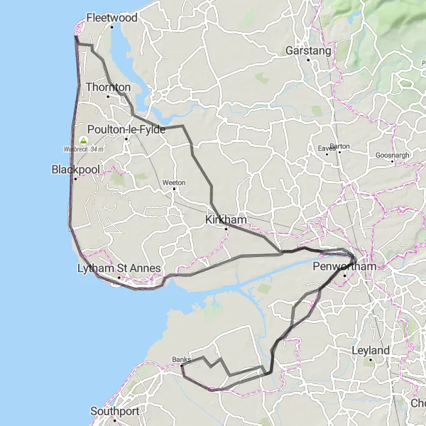 Map miniature of "The Coastal Challenge" cycling inspiration in Lancashire, United Kingdom. Generated by Tarmacs.app cycling route planner