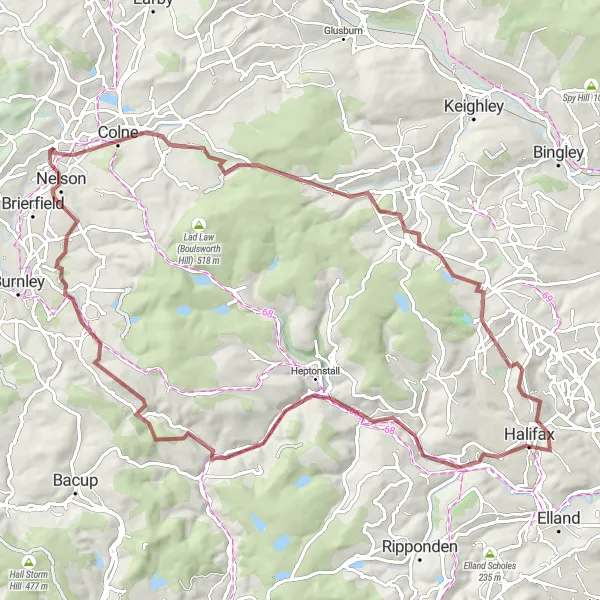 Map miniature of "Colne to Halifax Gravel Cycling Loop" cycling inspiration in Lancashire, United Kingdom. Generated by Tarmacs.app cycling route planner