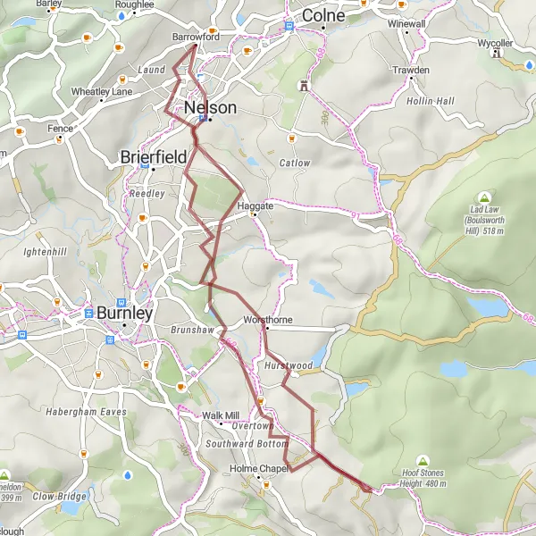 Map miniature of "Barrowford to Hurstwood Gravel Cycling Route" cycling inspiration in Lancashire, United Kingdom. Generated by Tarmacs.app cycling route planner