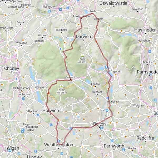 Map miniature of "The Gravel Trails of Central Lancashire" cycling inspiration in Lancashire, United Kingdom. Generated by Tarmacs.app cycling route planner