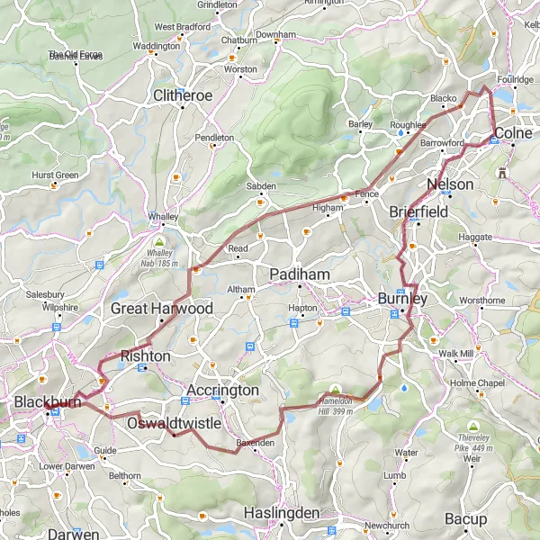 Map miniature of "The Nelson Gravel Challenge" cycling inspiration in Lancashire, United Kingdom. Generated by Tarmacs.app cycling route planner