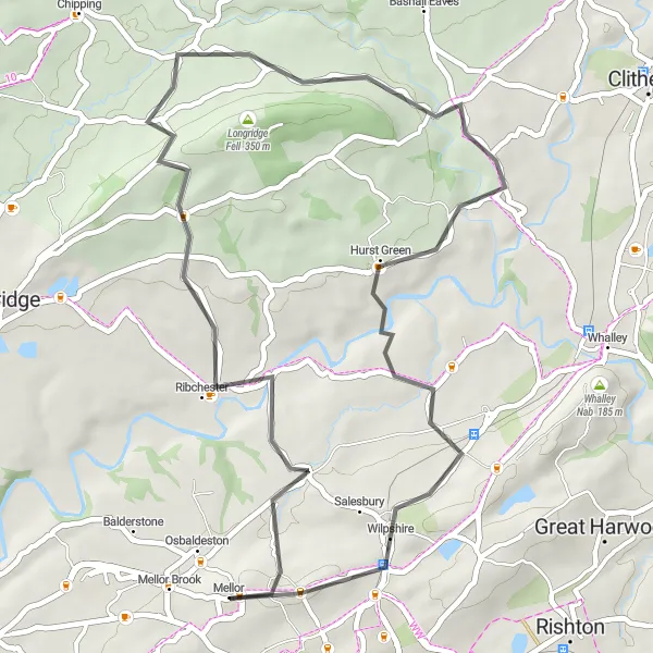 Map miniature of "The Ribble Valley Loop" cycling inspiration in Lancashire, United Kingdom. Generated by Tarmacs.app cycling route planner