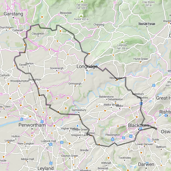 Map miniature of "The Blackburn Discovery" cycling inspiration in Lancashire, United Kingdom. Generated by Tarmacs.app cycling route planner