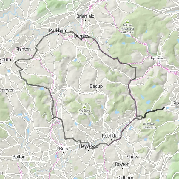 Map miniature of "Moors and Heights" cycling inspiration in Lancashire, United Kingdom. Generated by Tarmacs.app cycling route planner