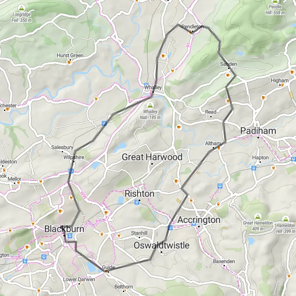 Map miniature of "Whalley Nab Escape" cycling inspiration in Lancashire, United Kingdom. Generated by Tarmacs.app cycling route planner