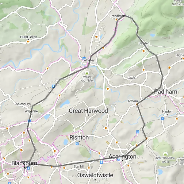 Map miniature of "Wilpshire Loop: Discovering Whalley and Padiham" cycling inspiration in Lancashire, United Kingdom. Generated by Tarmacs.app cycling route planner