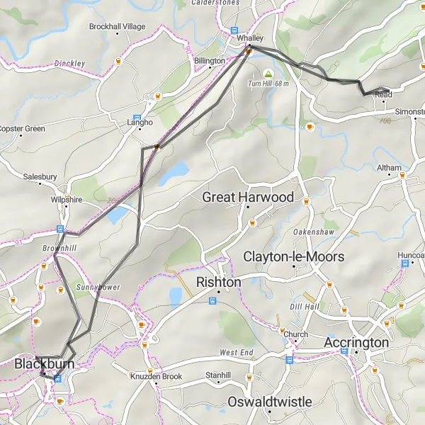 Map miniature of "Exploring Whalley, Langho, and Blackburn" cycling inspiration in Lancashire, United Kingdom. Generated by Tarmacs.app cycling route planner