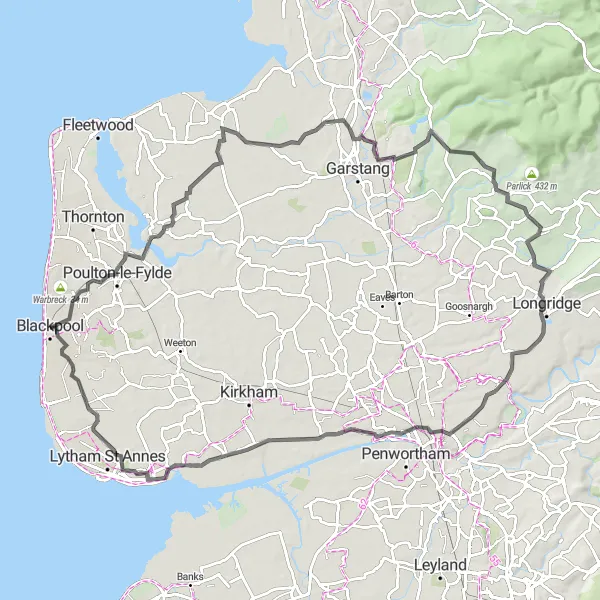 Map miniature of "Blackpool Bleasdale Challenge" cycling inspiration in Lancashire, United Kingdom. Generated by Tarmacs.app cycling route planner