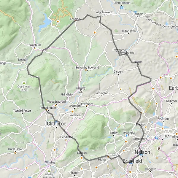 Map miniature of "Clitheroe and Barrowford Loop" cycling inspiration in Lancashire, United Kingdom. Generated by Tarmacs.app cycling route planner