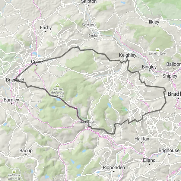 Map miniature of "Keighley and Hebden Bridge Adventure" cycling inspiration in Lancashire, United Kingdom. Generated by Tarmacs.app cycling route planner