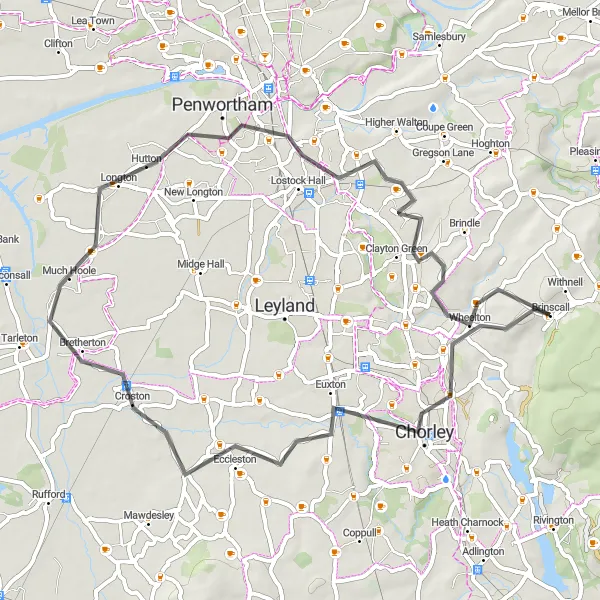 Map miniature of "Euxton Loop Road Cycling Route" cycling inspiration in Lancashire, United Kingdom. Generated by Tarmacs.app cycling route planner