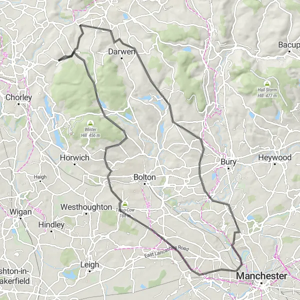 Map miniature of "Scenic Hills Road Cycling Route" cycling inspiration in Lancashire, United Kingdom. Generated by Tarmacs.app cycling route planner