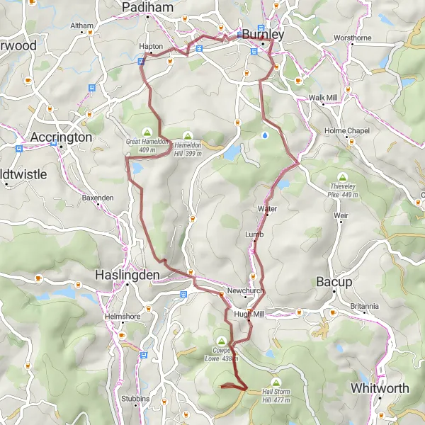 Map miniature of "Hameldon Gravel Adventure" cycling inspiration in Lancashire, United Kingdom. Generated by Tarmacs.app cycling route planner