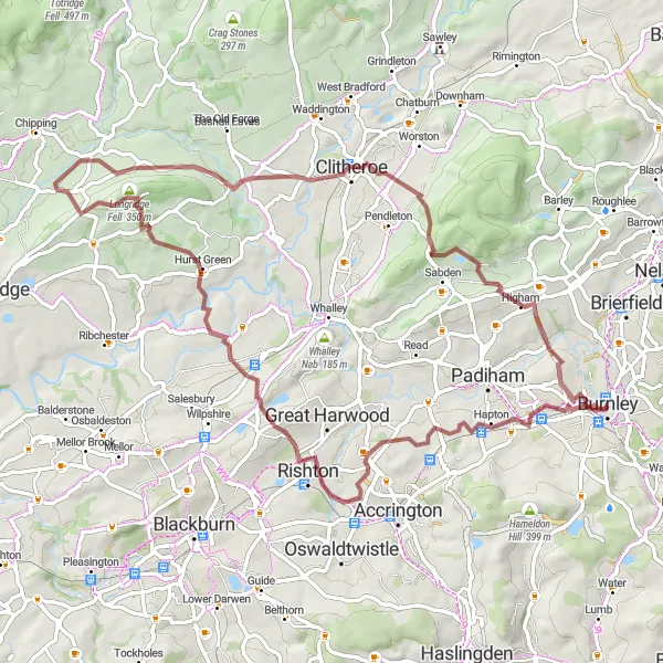 Map miniature of "The Pendle Hill Gravel Route" cycling inspiration in Lancashire, United Kingdom. Generated by Tarmacs.app cycling route planner