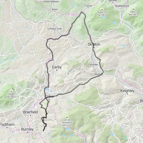 Map miniature of "Skipton and Colne Challenge" cycling inspiration in Lancashire, United Kingdom. Generated by Tarmacs.app cycling route planner