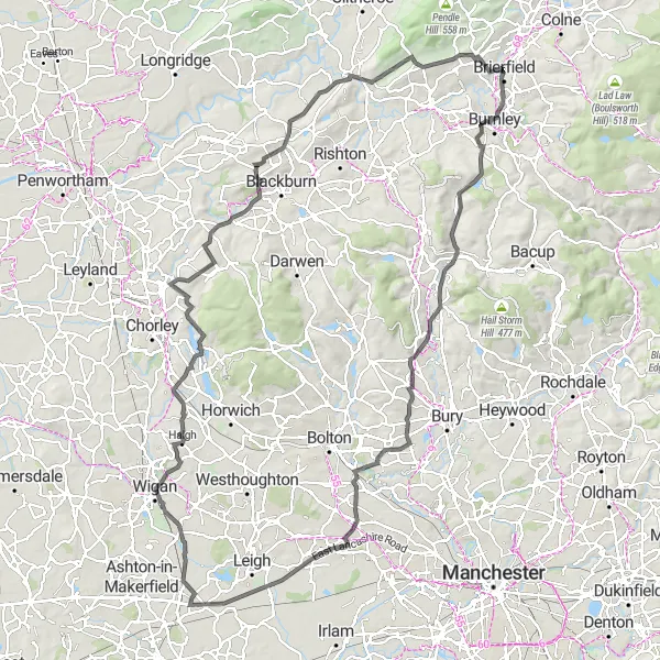 Map miniature of "Pennine Hills Road Loop" cycling inspiration in Lancashire, United Kingdom. Generated by Tarmacs.app cycling route planner