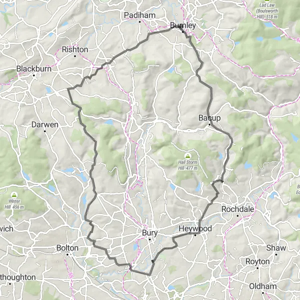 Map miniature of "Burnley to Oswaldtwistle Circuit" cycling inspiration in Lancashire, United Kingdom. Generated by Tarmacs.app cycling route planner