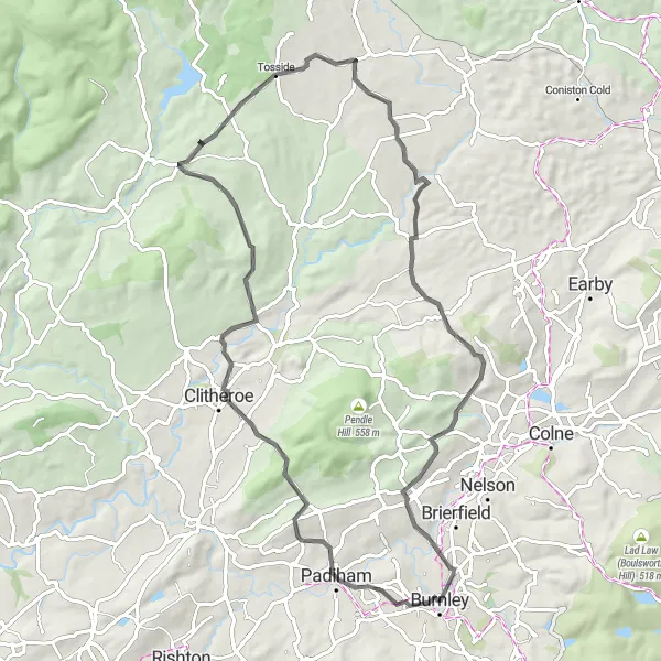 Map miniature of "Burnley to Roughlee Loop" cycling inspiration in Lancashire, United Kingdom. Generated by Tarmacs.app cycling route planner