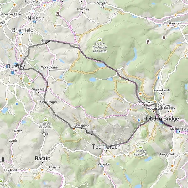 Map miniature of "Burnley to Southward Bottom Loop" cycling inspiration in Lancashire, United Kingdom. Generated by Tarmacs.app cycling route planner