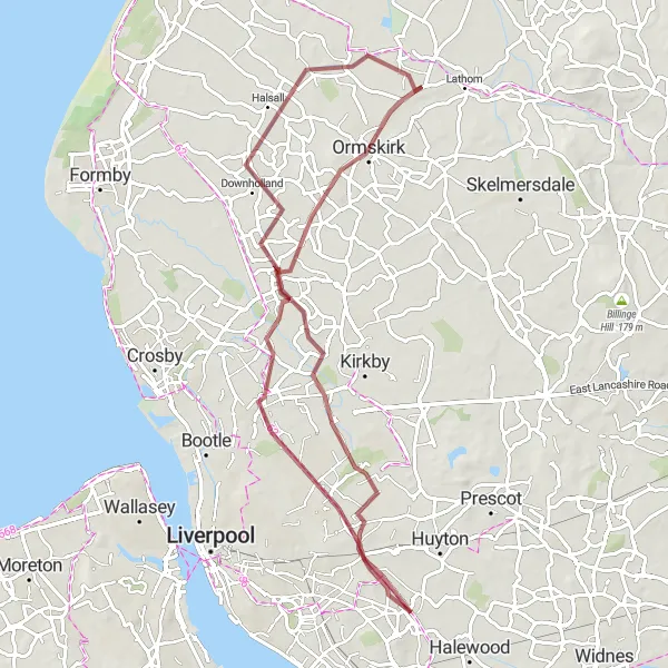 Map miniature of "Gravel Adventure to Maghull and Lydiate" cycling inspiration in Lancashire, United Kingdom. Generated by Tarmacs.app cycling route planner