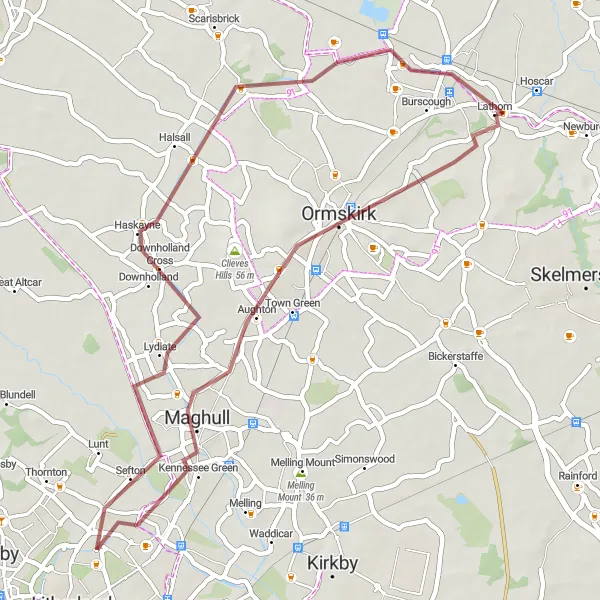 Map miniature of "Halsall and Maghull Gravel Loop" cycling inspiration in Lancashire, United Kingdom. Generated by Tarmacs.app cycling route planner