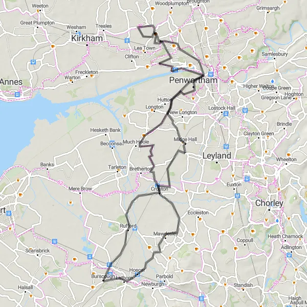 Map miniature of "Midge Hall Loop" cycling inspiration in Lancashire, United Kingdom. Generated by Tarmacs.app cycling route planner