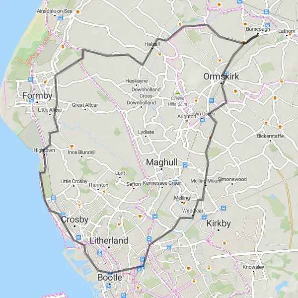 Map miniature of "Ormskirk Adventure" cycling inspiration in Lancashire, United Kingdom. Generated by Tarmacs.app cycling route planner