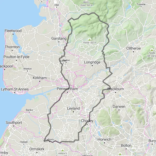 Map miniature of "Tarleton Epic Loop" cycling inspiration in Lancashire, United Kingdom. Generated by Tarmacs.app cycling route planner