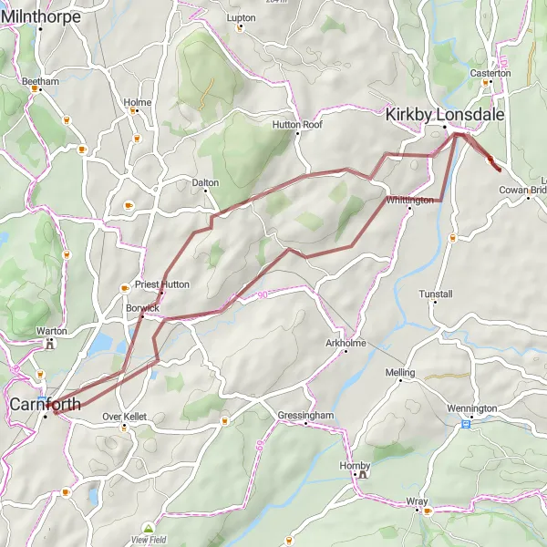 Map miniature of "Hutton Roof Adventure" cycling inspiration in Lancashire, United Kingdom. Generated by Tarmacs.app cycling route planner