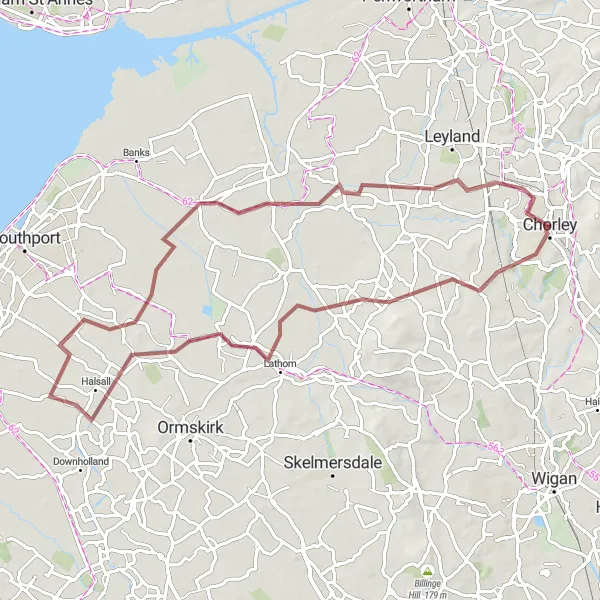 Map miniature of "Gravel Adventure around Chorley" cycling inspiration in Lancashire, United Kingdom. Generated by Tarmacs.app cycling route planner
