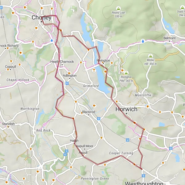 Map miniature of "Horwich Gravel Adventure" cycling inspiration in Lancashire, United Kingdom. Generated by Tarmacs.app cycling route planner