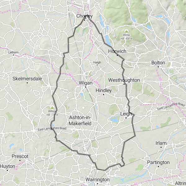 Map miniature of "Chorley to Coppull Loop" cycling inspiration in Lancashire, United Kingdom. Generated by Tarmacs.app cycling route planner