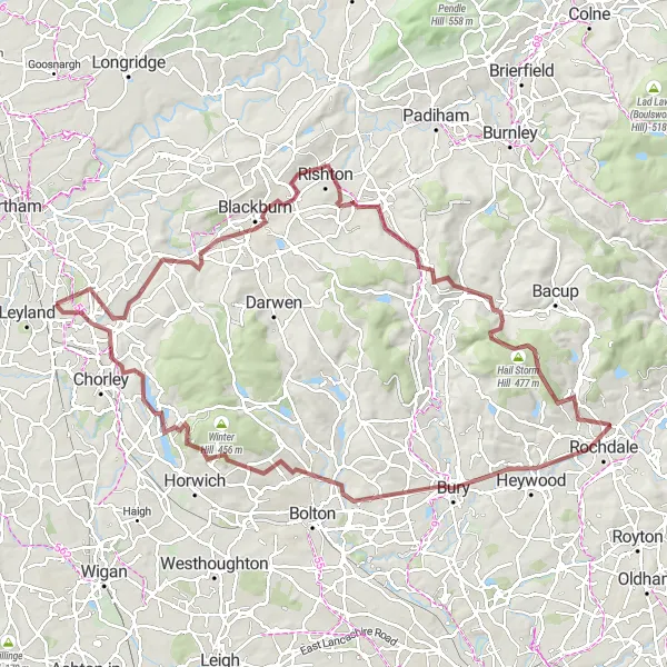 Map miniature of "Rivington Gravel Adventure" cycling inspiration in Lancashire, United Kingdom. Generated by Tarmacs.app cycling route planner