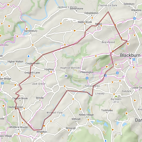 Map miniature of "Osbaldeston and Wheelton Gravel Loop" cycling inspiration in Lancashire, United Kingdom. Generated by Tarmacs.app cycling route planner