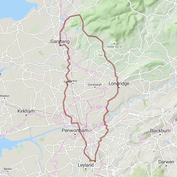 Map miniature of "Gravel Adventure" cycling inspiration in Lancashire, United Kingdom. Generated by Tarmacs.app cycling route planner