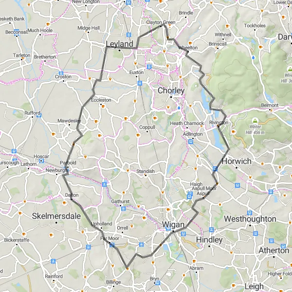 Map miniature of "Heapey Loop" cycling inspiration in Lancashire, United Kingdom. Generated by Tarmacs.app cycling route planner