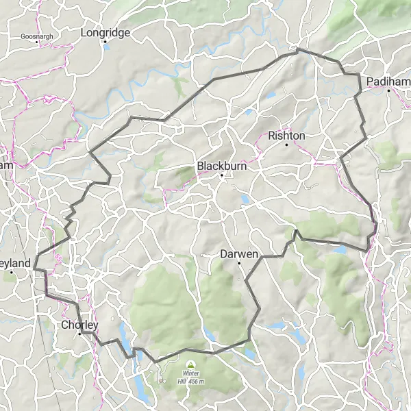 Map miniature of "Whalley and Accrington Road Challenge" cycling inspiration in Lancashire, United Kingdom. Generated by Tarmacs.app cycling route planner