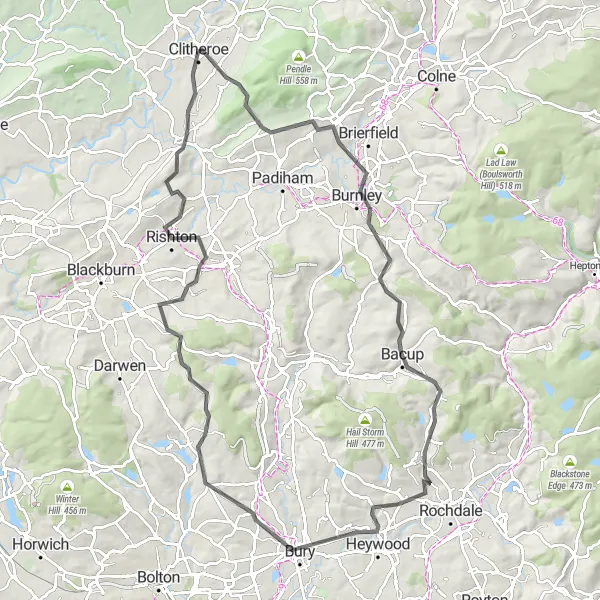 Map miniature of "Legendary Road Ride to Clitheroe" cycling inspiration in Lancashire, United Kingdom. Generated by Tarmacs.app cycling route planner