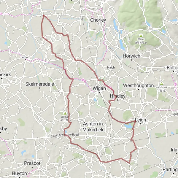 Map miniature of "The Wrightington Gravel Adventure" cycling inspiration in Lancashire, United Kingdom. Generated by Tarmacs.app cycling route planner