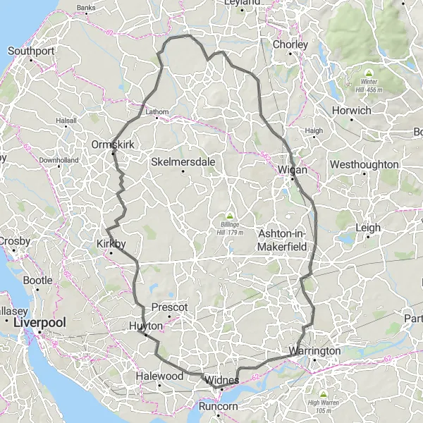 Map miniature of "The Wigan Road Challenge" cycling inspiration in Lancashire, United Kingdom. Generated by Tarmacs.app cycling route planner