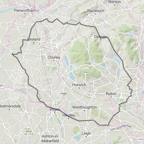 Map miniature of "The Pleasington Panorama" cycling inspiration in Lancashire, United Kingdom. Generated by Tarmacs.app cycling route planner