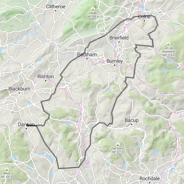 Map miniature of "Darwen Hills Loop" cycling inspiration in Lancashire, United Kingdom. Generated by Tarmacs.app cycling route planner