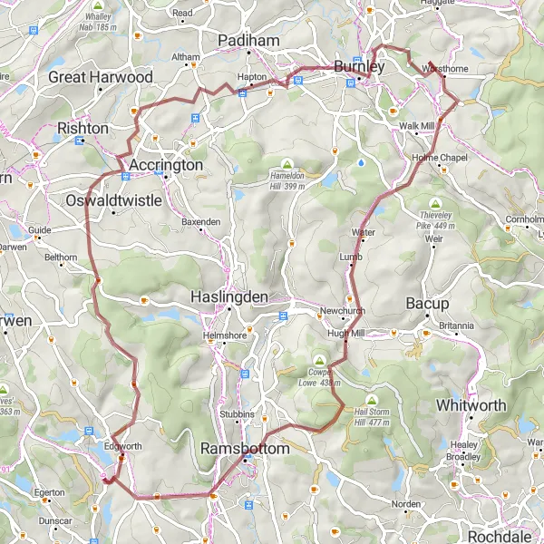 Map miniature of "Edgworth to Chapeltown Gravel Adventure" cycling inspiration in Lancashire, United Kingdom. Generated by Tarmacs.app cycling route planner