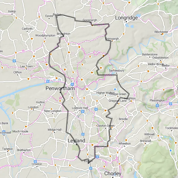 Map miniature of "The Leyland Loop" cycling inspiration in Lancashire, United Kingdom. Generated by Tarmacs.app cycling route planner