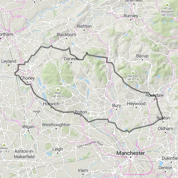 Map miniature of "Ribble Valley Epic" cycling inspiration in Lancashire, United Kingdom. Generated by Tarmacs.app cycling route planner