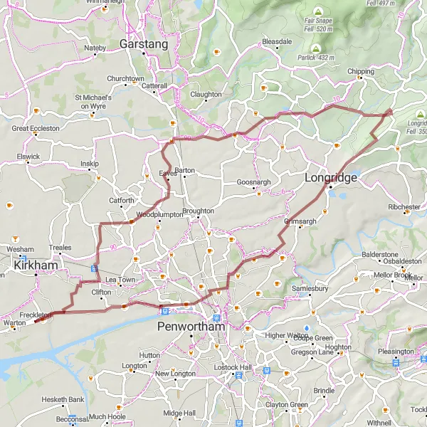 Map miniature of "Bilsborrow & Longridge Gravel Adventure" cycling inspiration in Lancashire, United Kingdom. Generated by Tarmacs.app cycling route planner