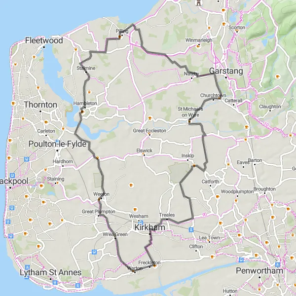 Map miniature of "Stalmine & Pilling Scenic Ride" cycling inspiration in Lancashire, United Kingdom. Generated by Tarmacs.app cycling route planner